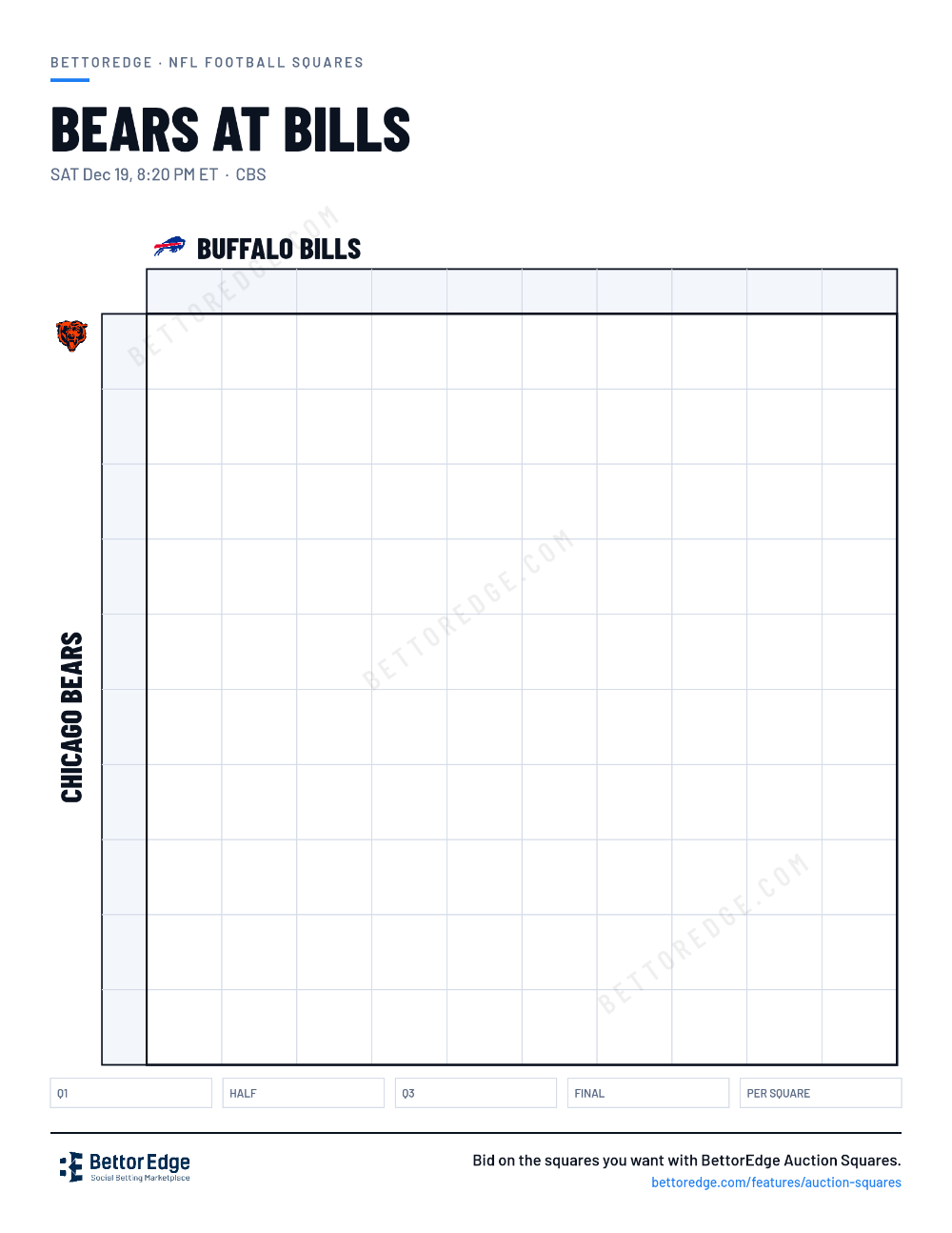 Bears at Bills squares, free printable 10x10 football squares grid