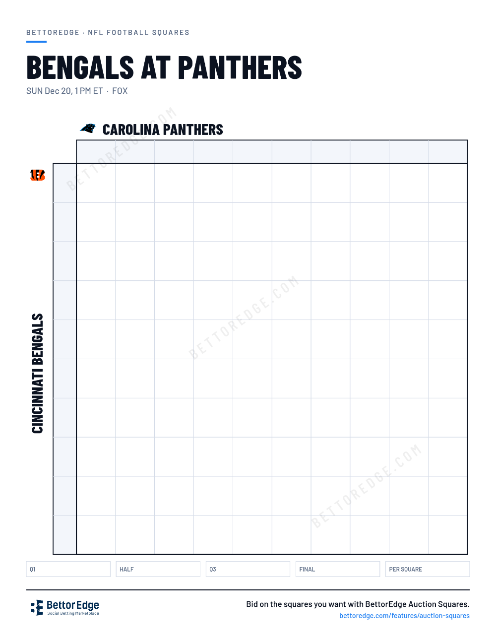 Bengals at Panthers squares, free printable 10x10 football squares grid
