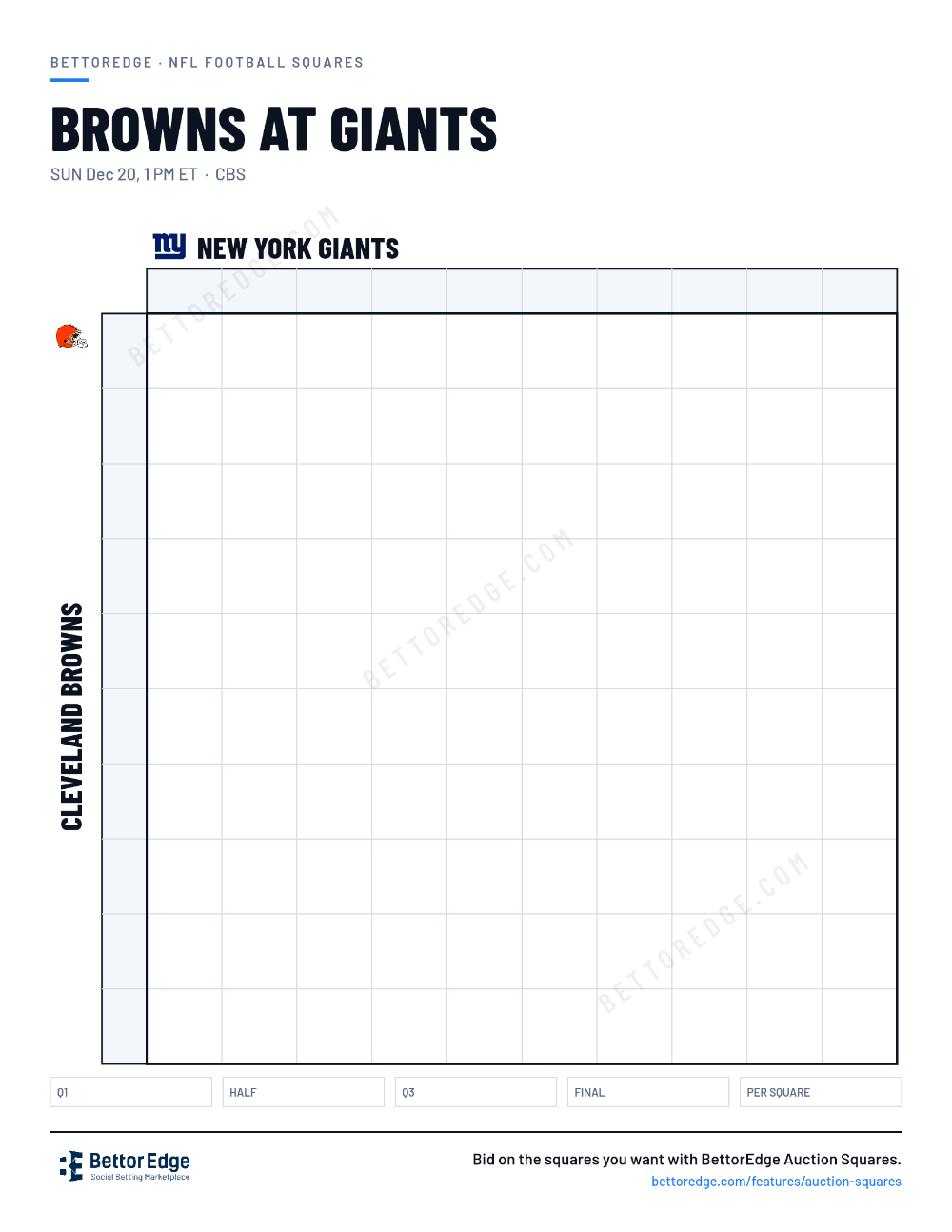 Browns at Giants squares, free printable 10x10 football squares grid