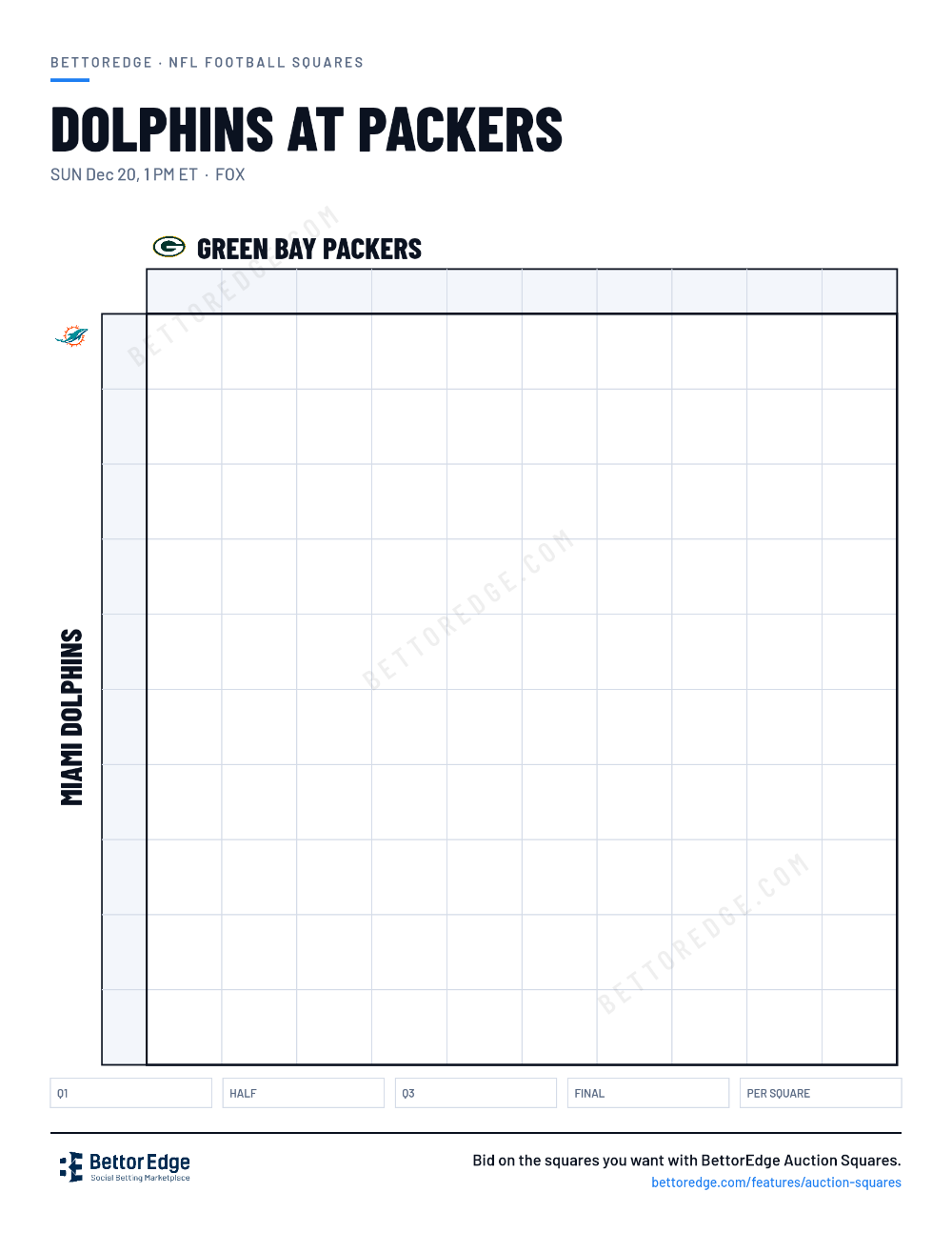 Dolphins at Packers squares, free printable 10x10 football squares grid