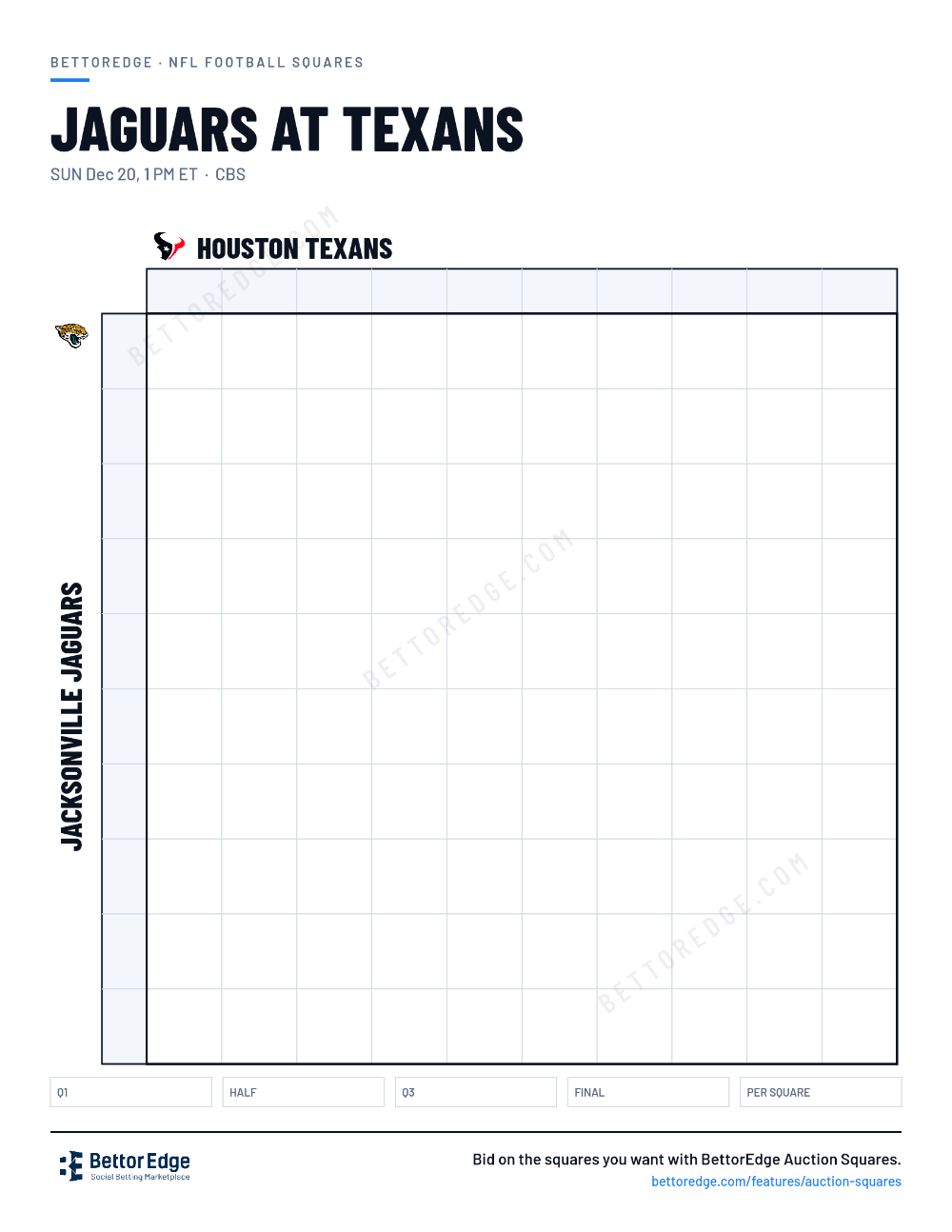 Jaguars at Texans squares, free printable 10x10 football squares grid