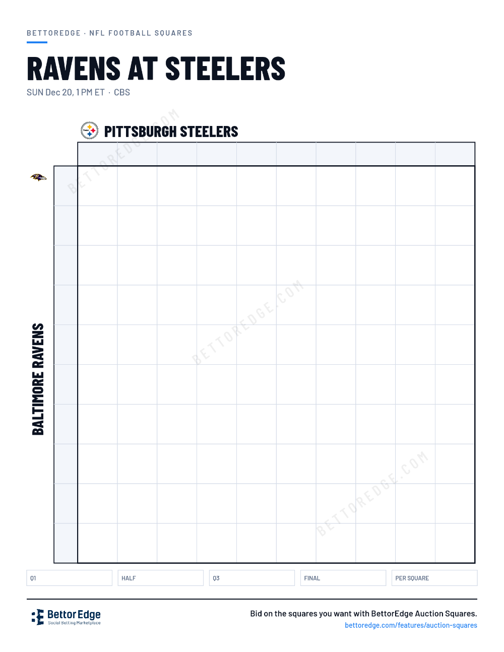 Ravens at Steelers squares, free printable 10x10 football squares grid