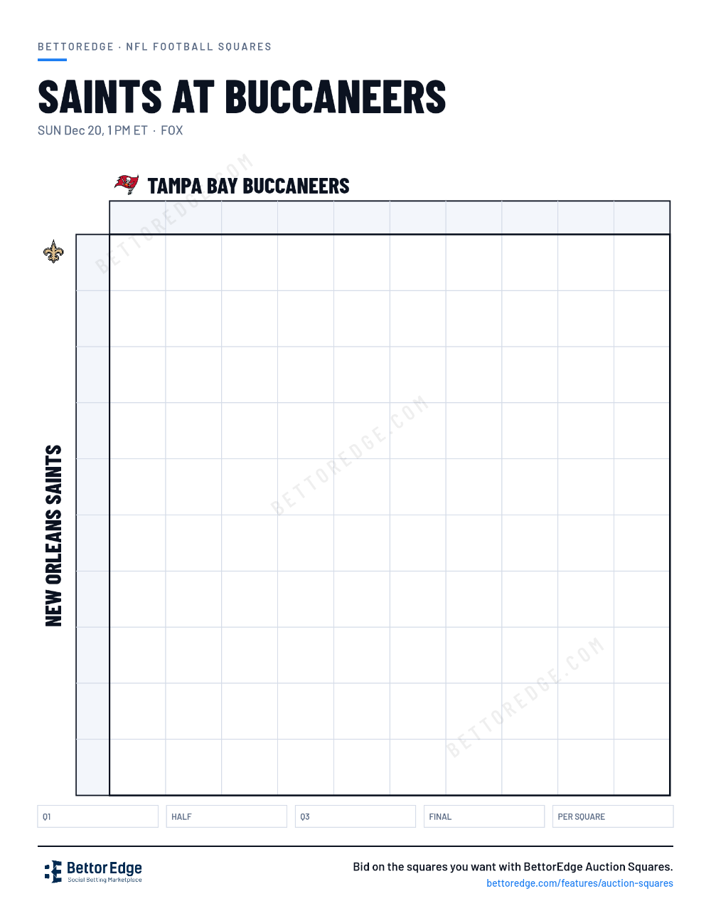 Saints at Buccaneers squares, free printable 10x10 football squares grid