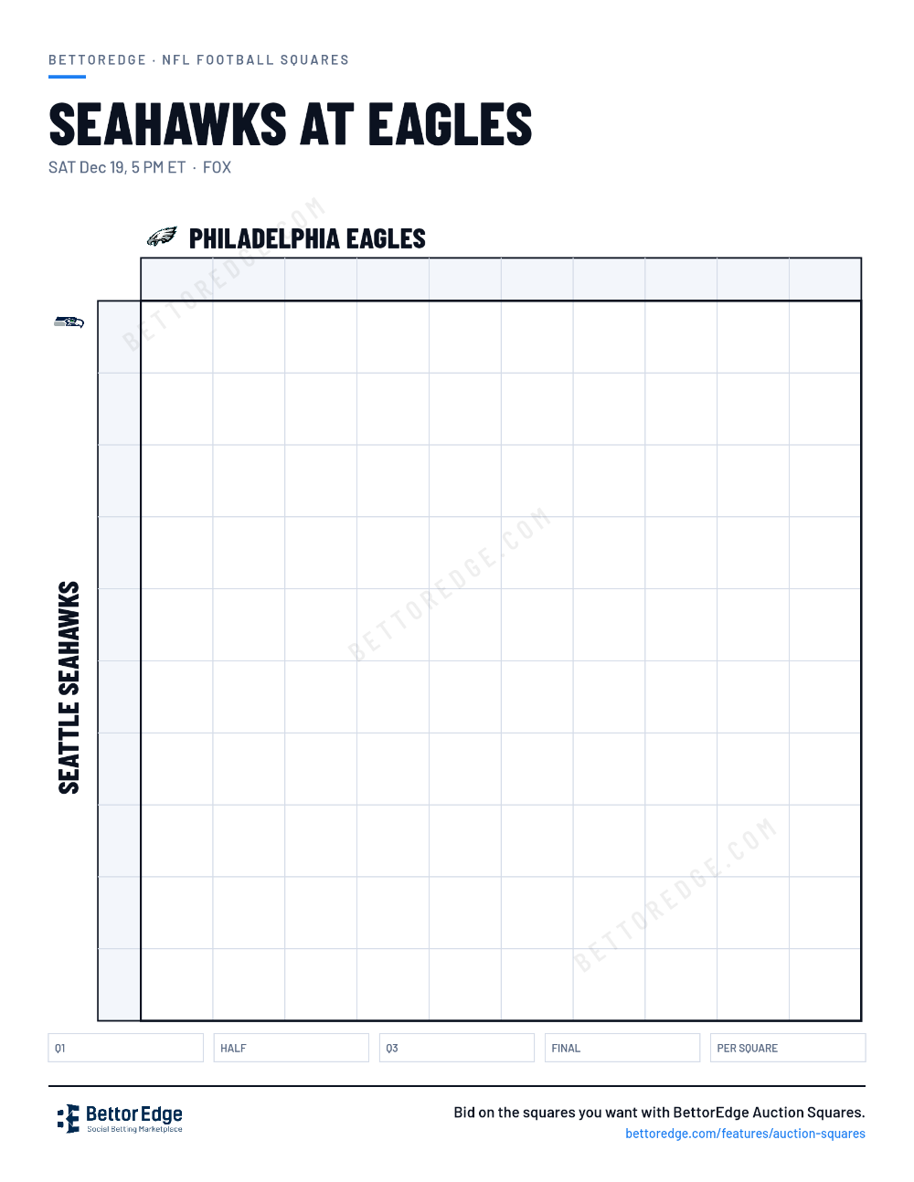 Seahawks at Eagles squares, free printable 10x10 football squares grid