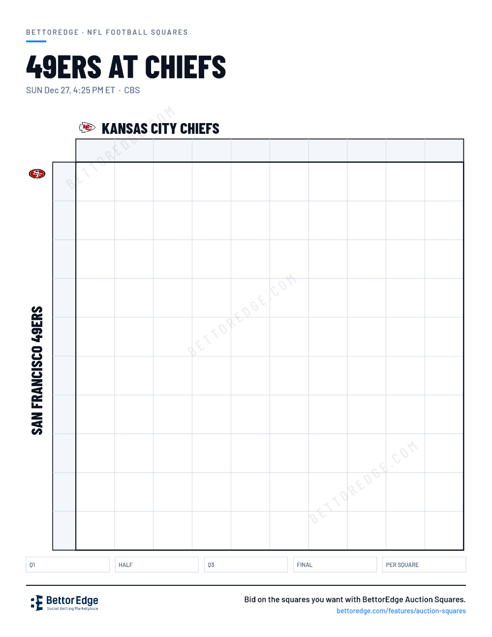49ers at Chiefs squares, free printable 10x10 football squares grid