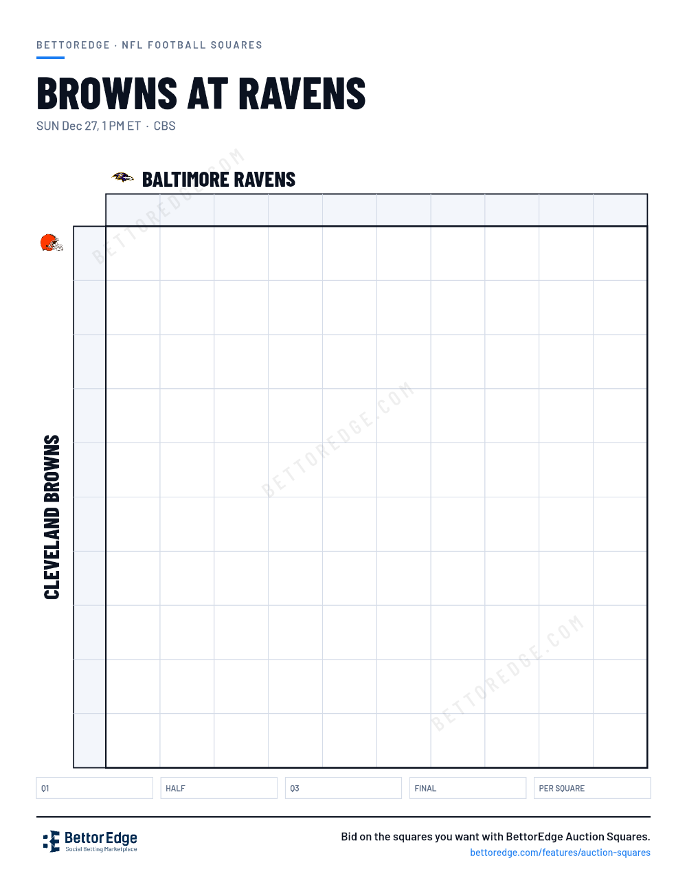 Browns at Ravens squares, free printable 10x10 football squares grid