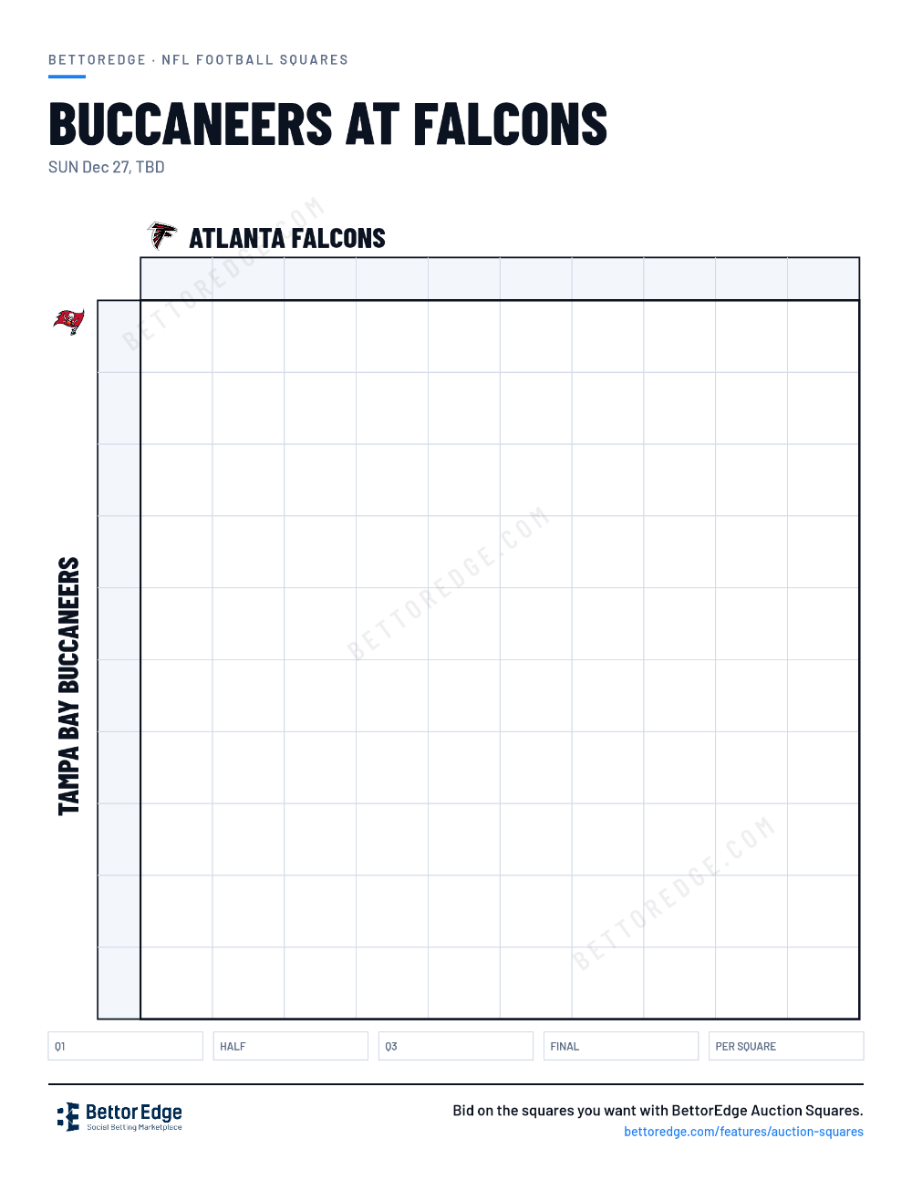 Buccaneers at Falcons squares, free printable 10x10 football squares grid