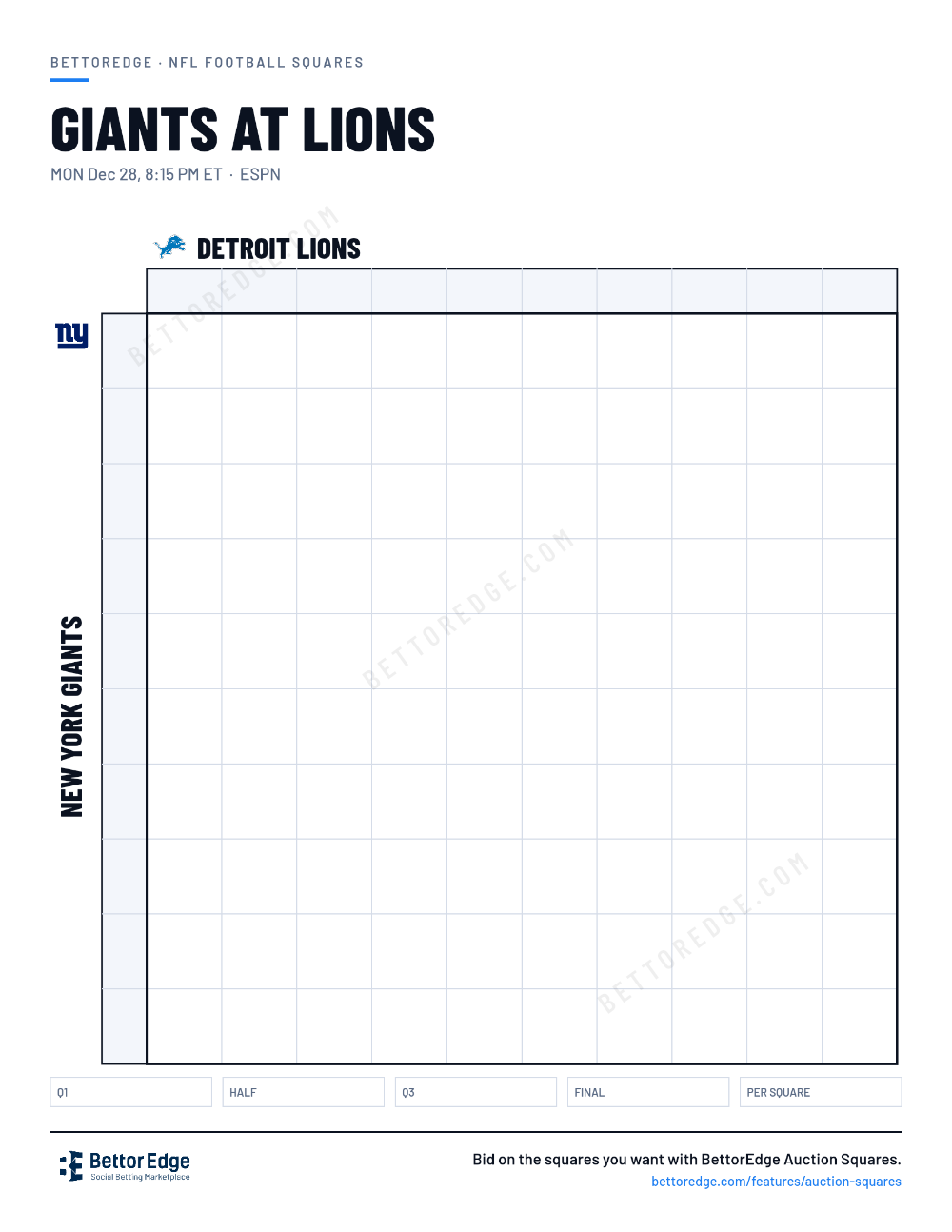 Giants at Lions squares, free printable 10x10 football squares grid