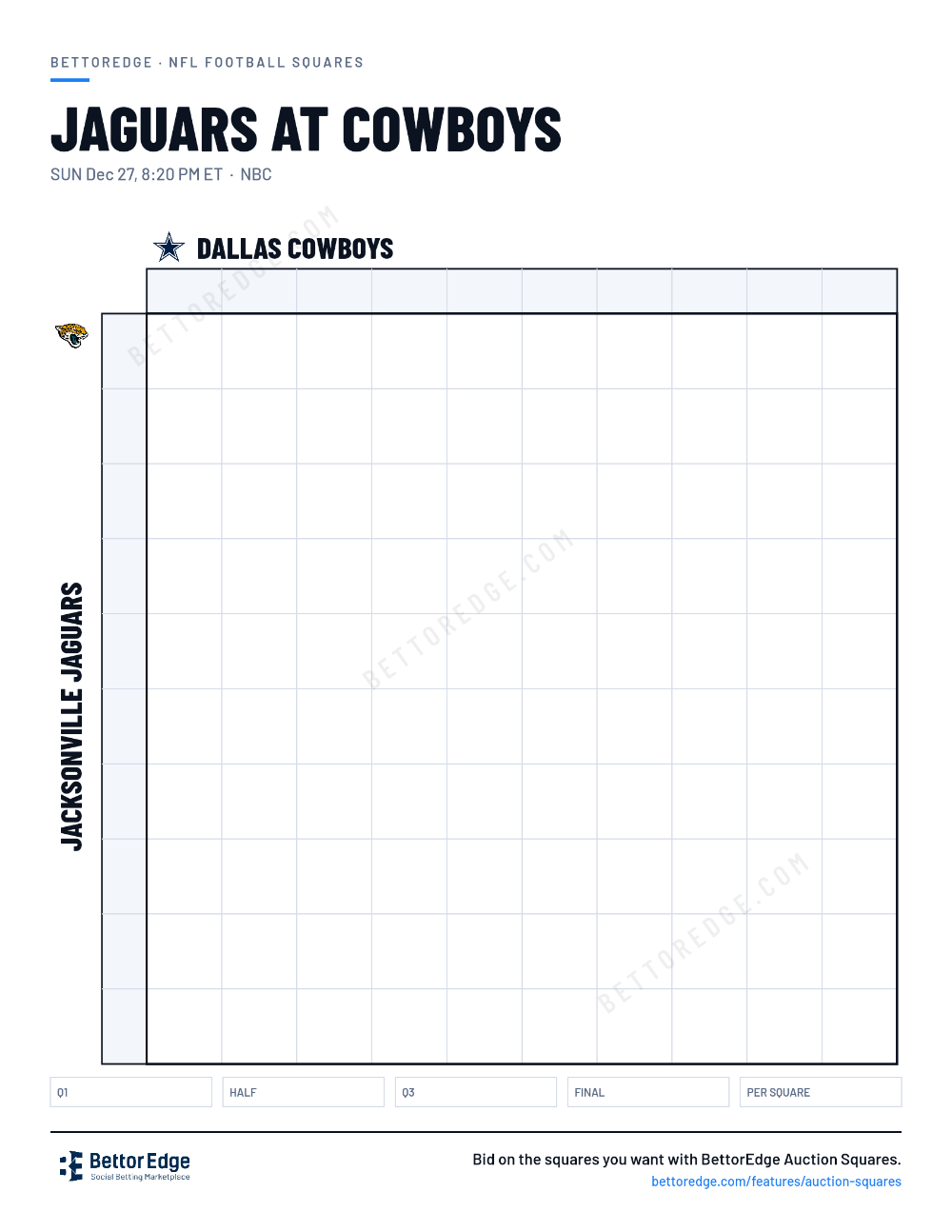 Jaguars at Cowboys squares, free printable 10x10 football squares grid