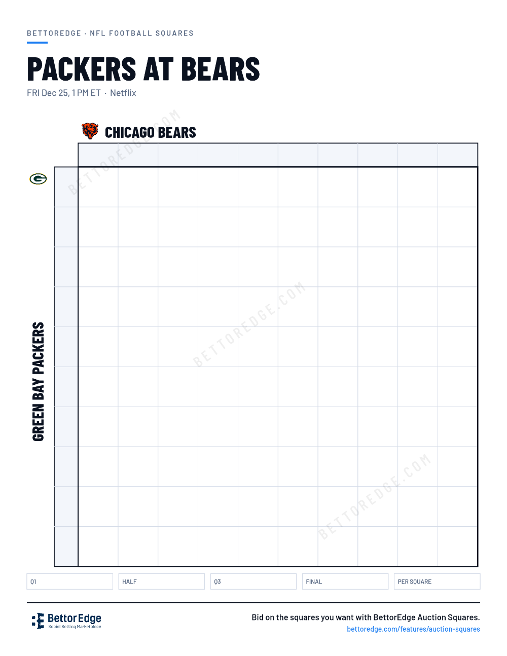 Packers at Bears squares, free printable 10x10 football squares grid
