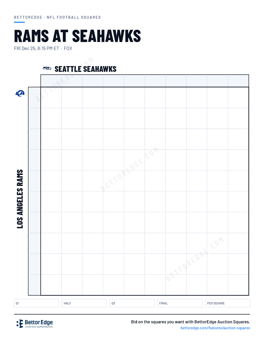 Rams at Seahawks squares, free printable 10x10 football squares grid
