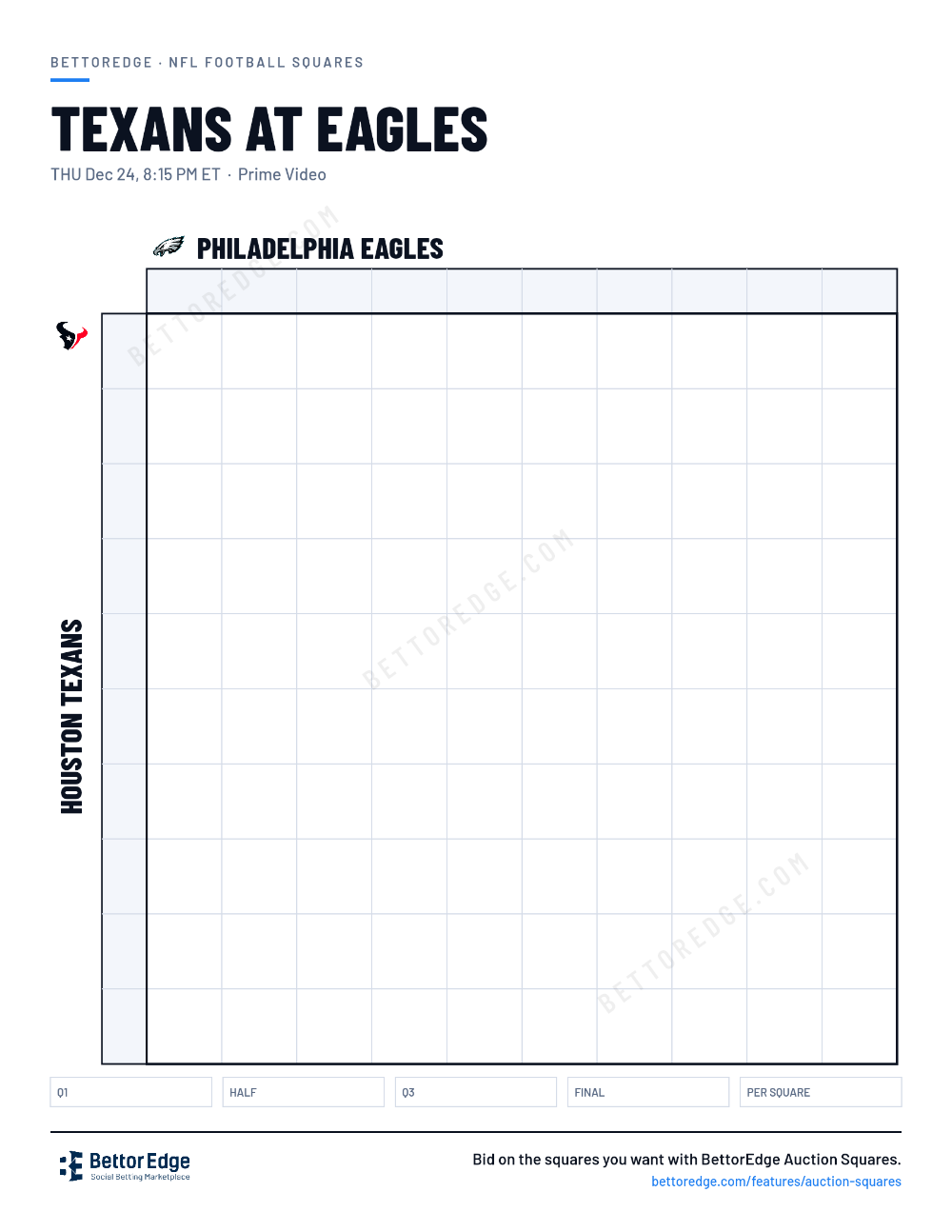 Texans at Eagles squares, free printable 10x10 football squares grid