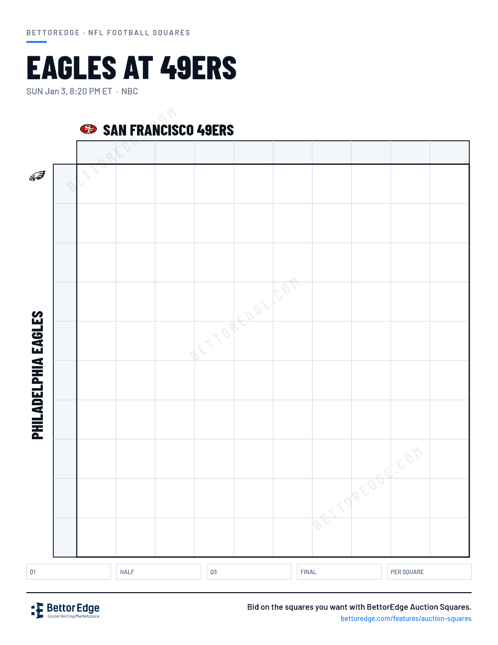 Eagles at 49ers squares, free printable 10x10 football squares grid