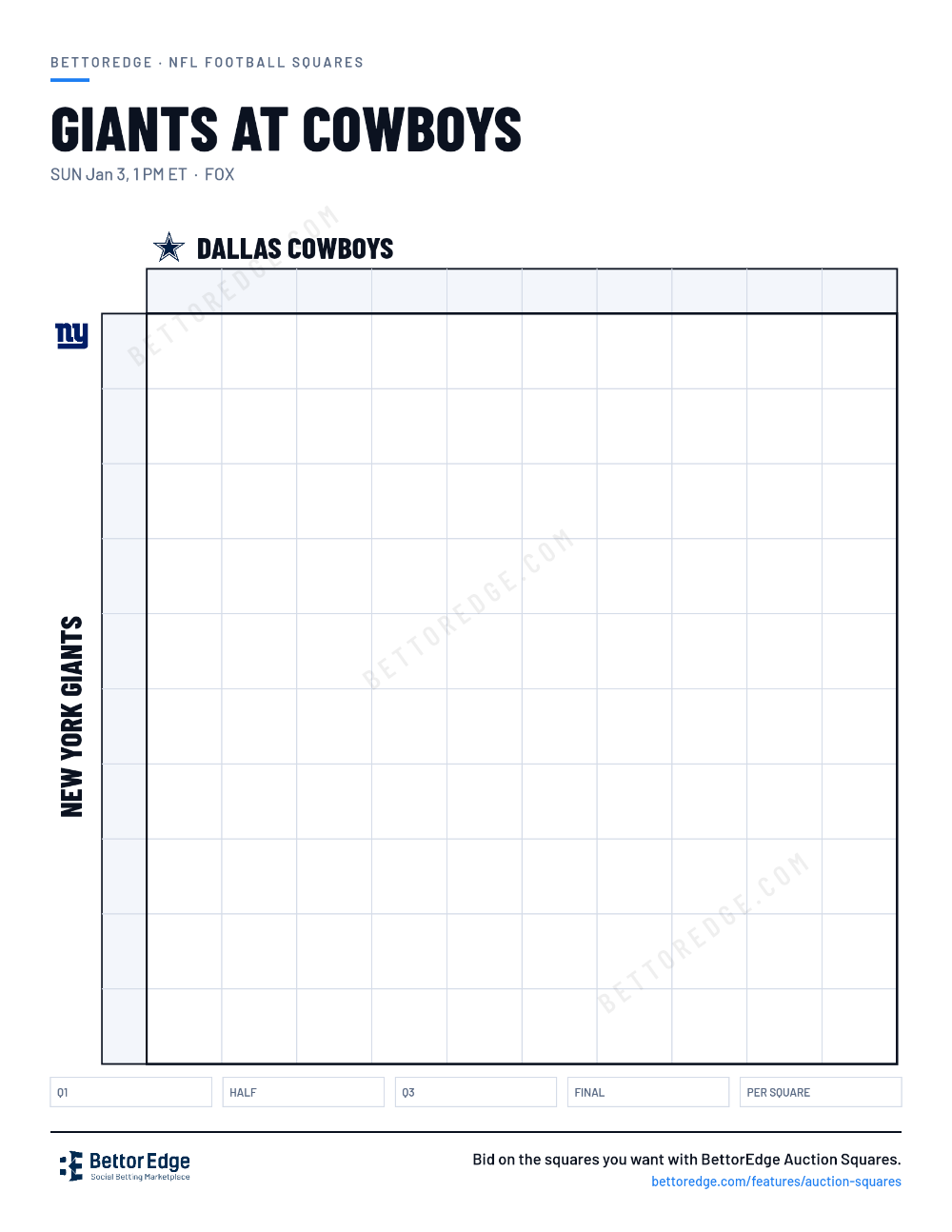 Giants at Cowboys squares, free printable 10x10 football squares grid