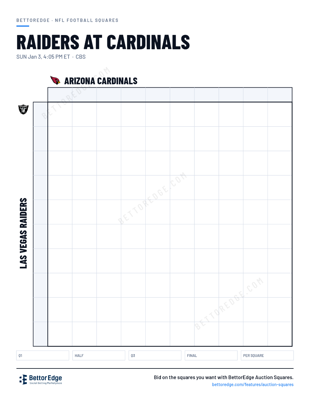 Raiders at Cardinals squares, free printable 10x10 football squares grid