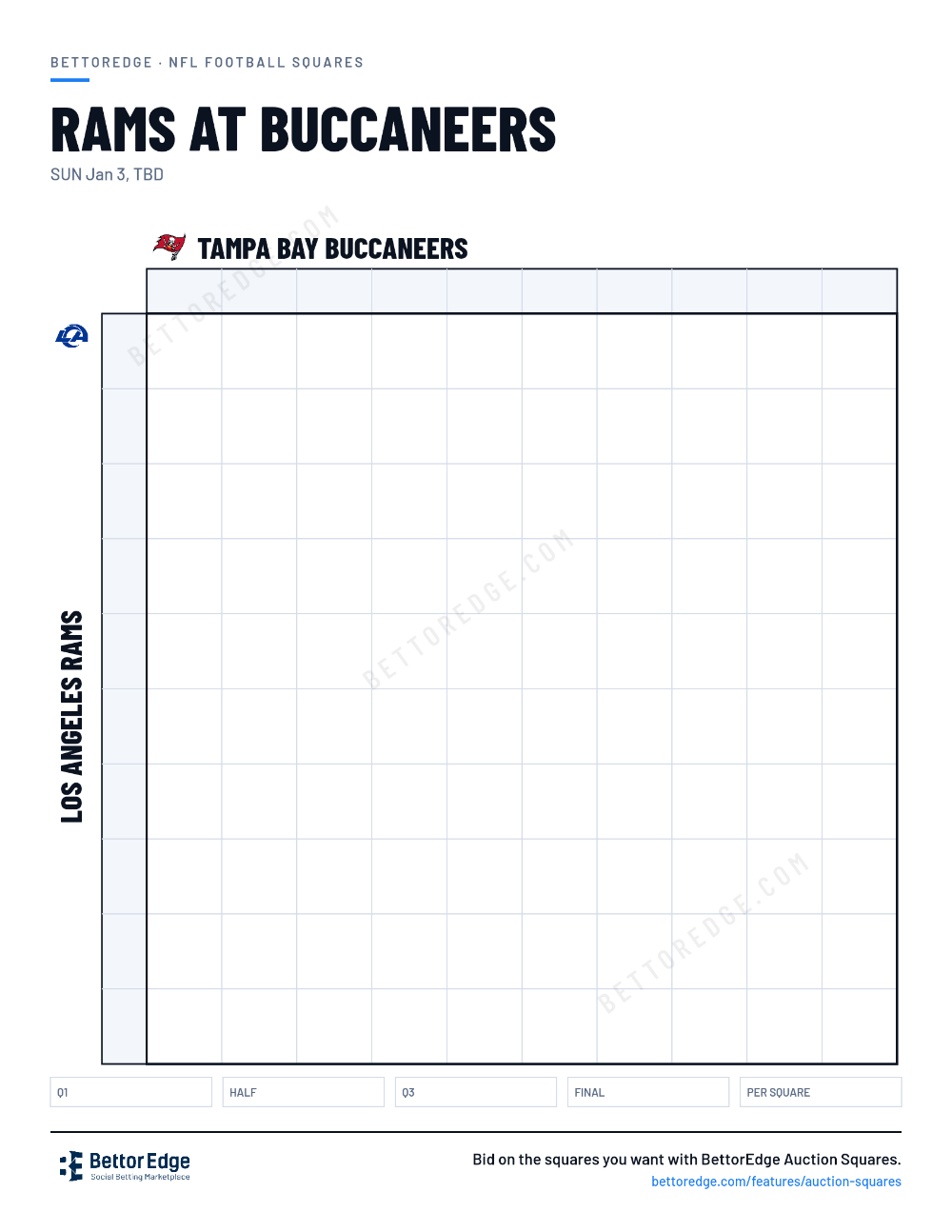 Rams at Buccaneers squares, free printable 10x10 football squares grid