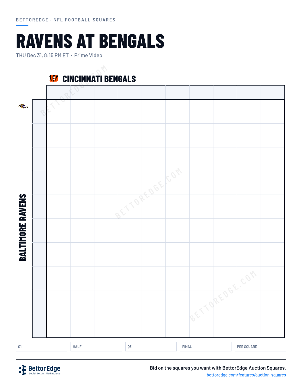 Ravens at Bengals squares, free printable 10x10 football squares grid