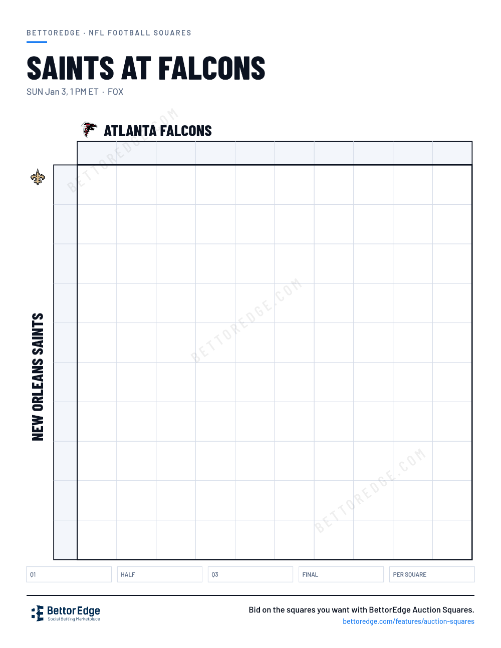 Saints at Falcons squares, free printable 10x10 football squares grid