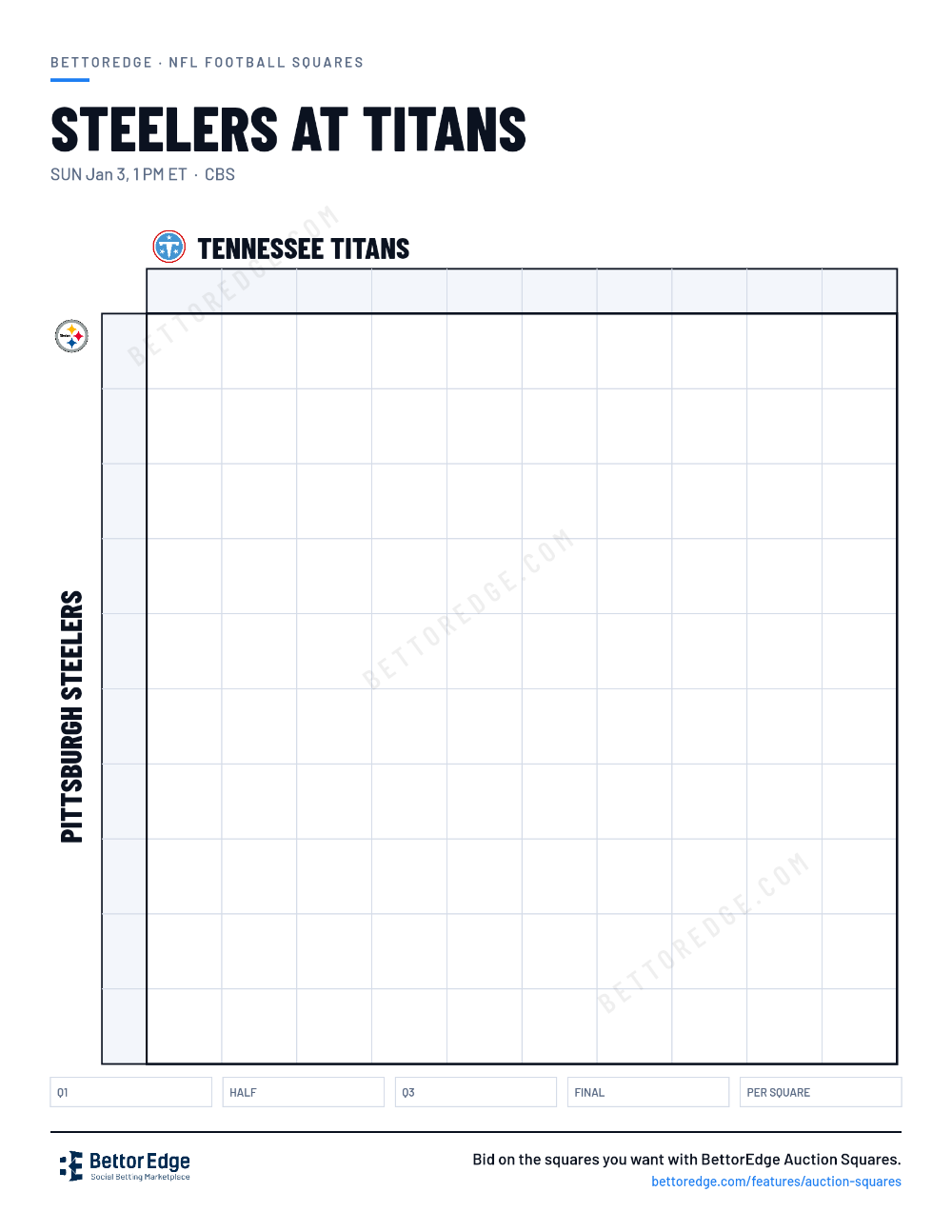 Steelers at Titans squares, free printable 10x10 football squares grid