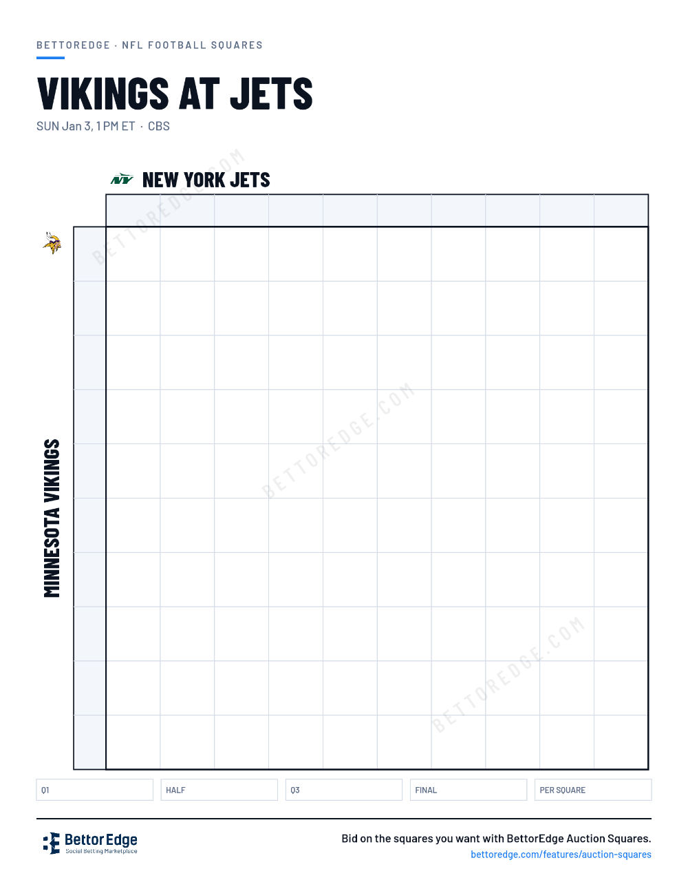 Vikings at Jets squares, free printable 10x10 football squares grid
