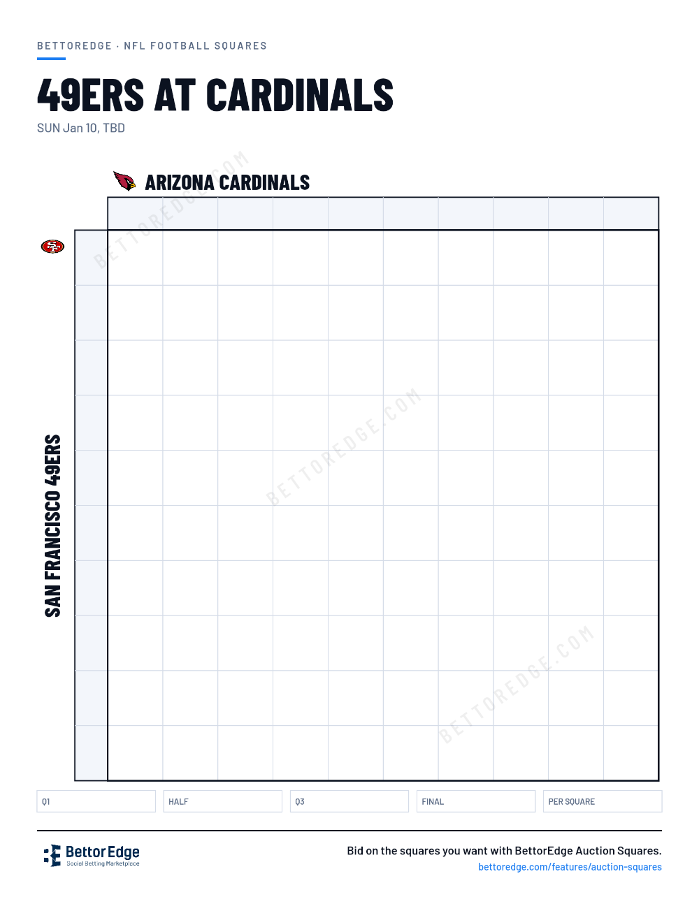 49ers at Cardinals squares, free printable 10x10 football squares grid