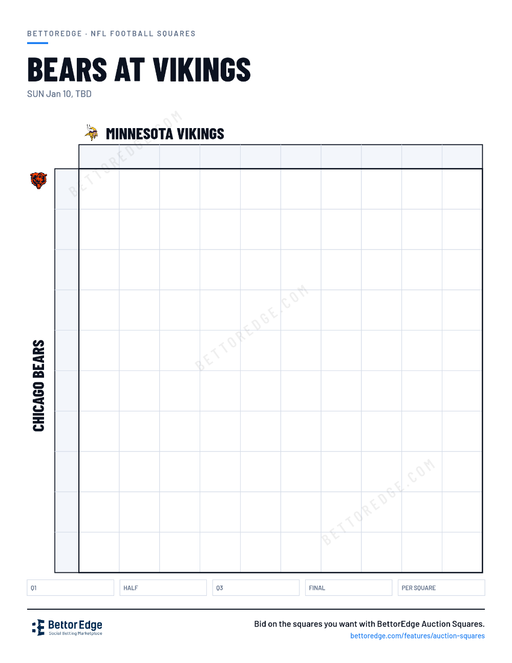 Bears at Vikings squares, free printable 10x10 football squares grid