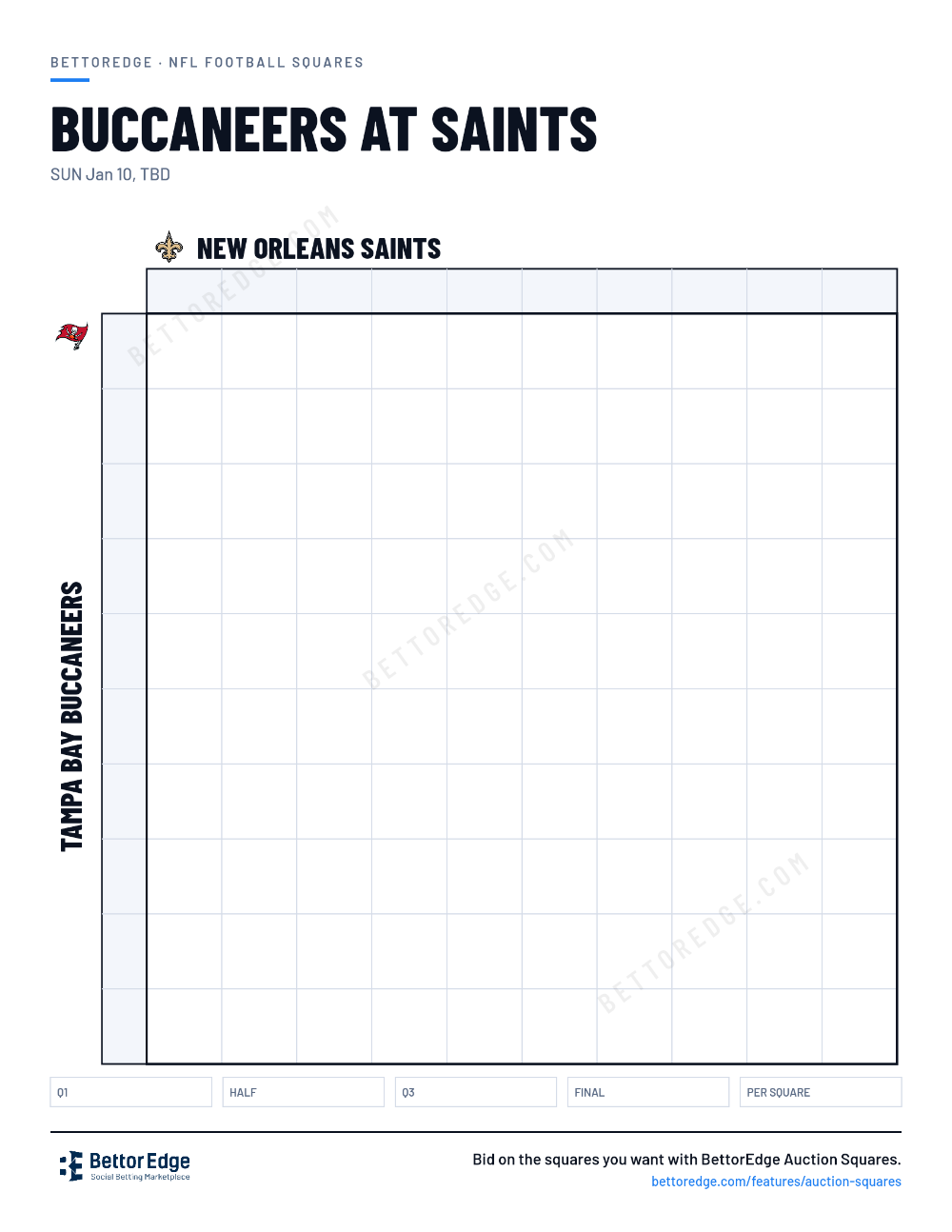 Buccaneers at Saints squares, free printable 10x10 football squares grid