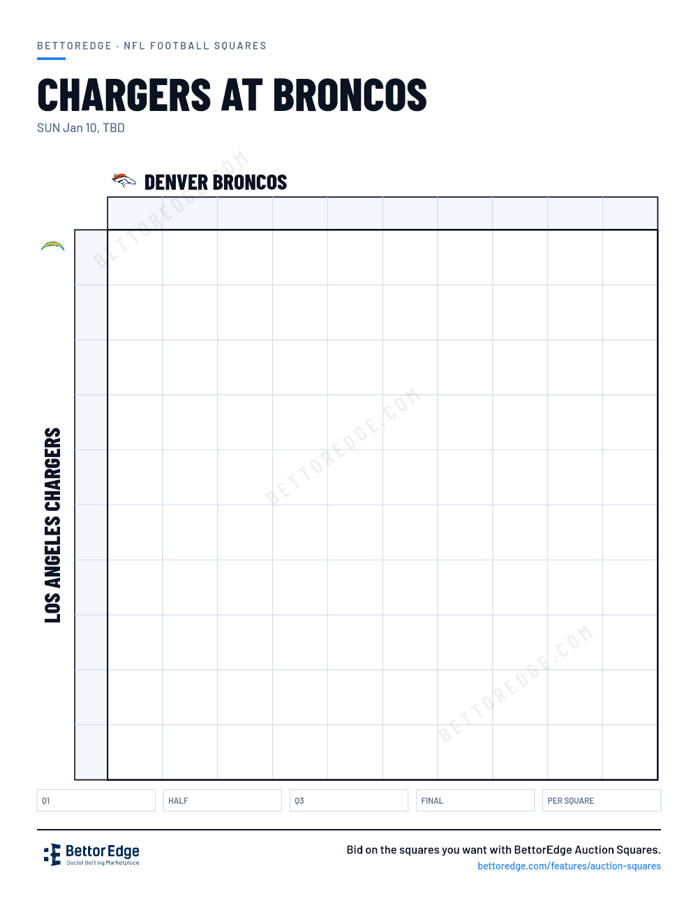 Chargers at Broncos squares, free printable 10x10 football squares grid