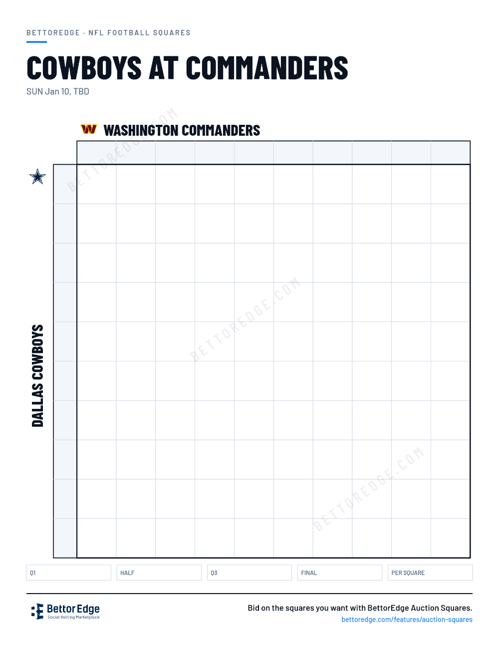 Cowboys at Commanders squares, free printable 10x10 football squares grid