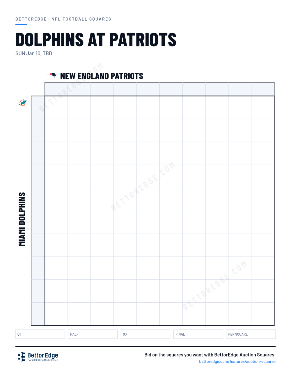 Dolphins at Patriots squares, free printable 10x10 football squares grid