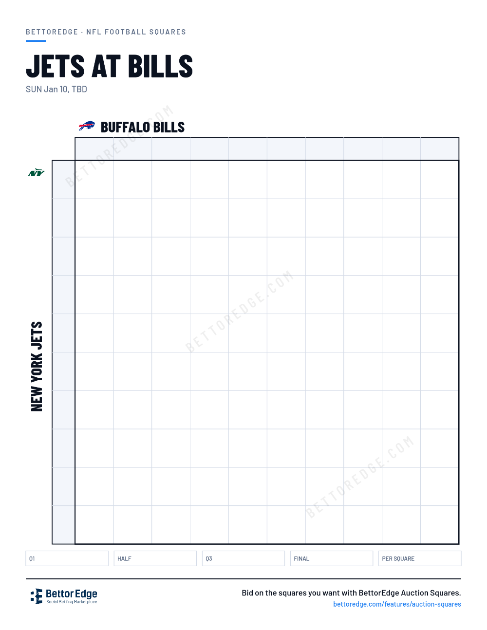 Jets at Bills squares, free printable 10x10 football squares grid