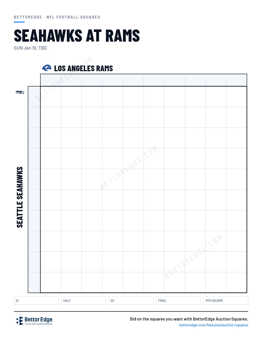 Seahawks at Rams squares, free printable 10x10 football squares grid