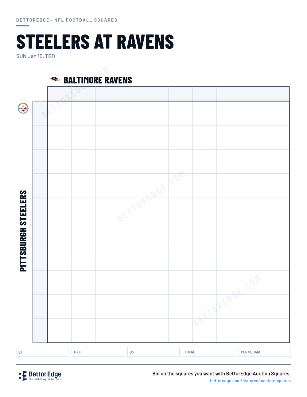 Steelers at Ravens squares, free printable 10x10 football squares grid