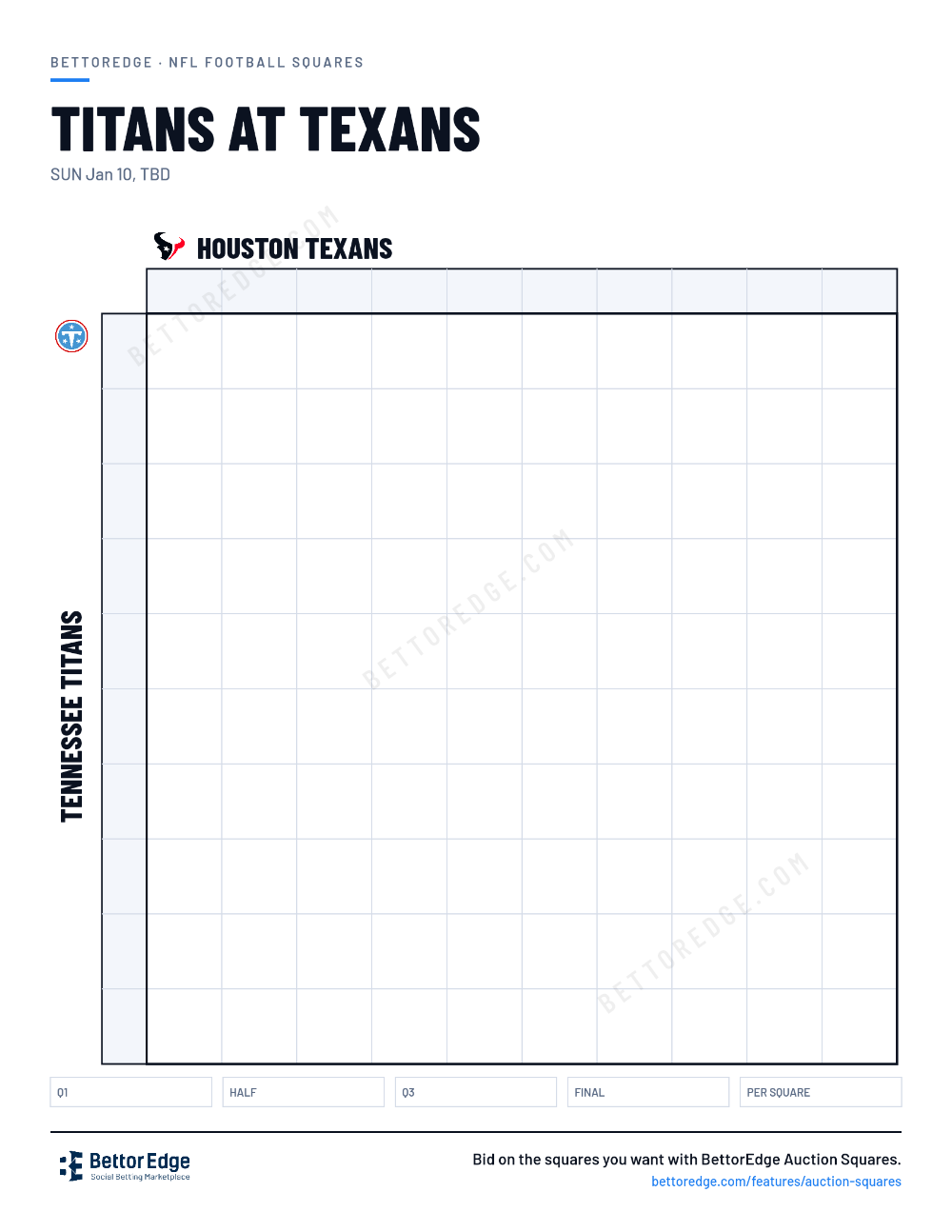 Titans at Texans squares, free printable 10x10 football squares grid