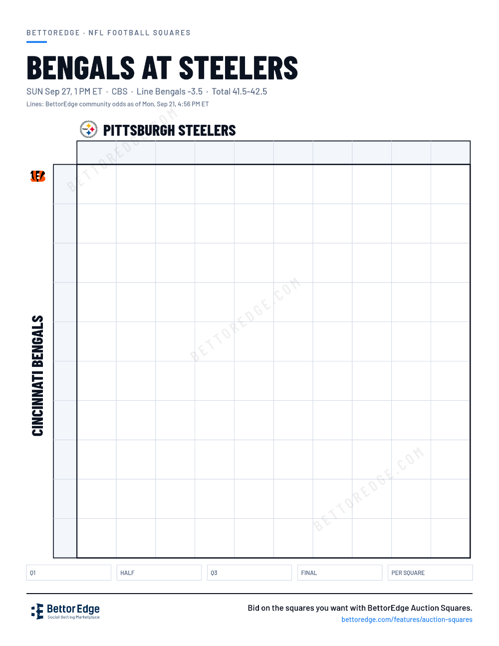 Bengals at Steelers squares, free printable 10x10 football squares grid