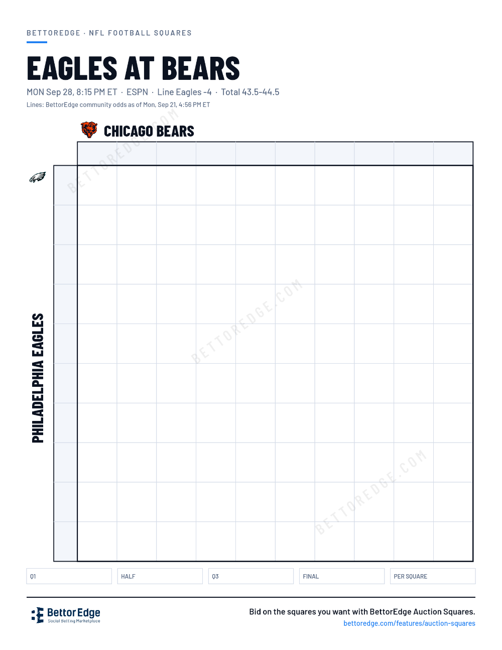 Eagles at Bears squares, free printable 10x10 football squares grid