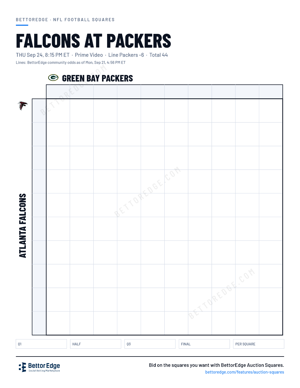 Falcons at Packers squares, free printable 10x10 football squares grid