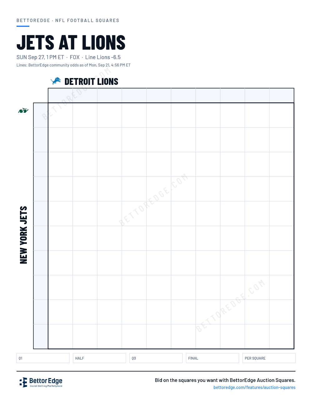 Jets at Lions squares, free printable 10x10 football squares grid