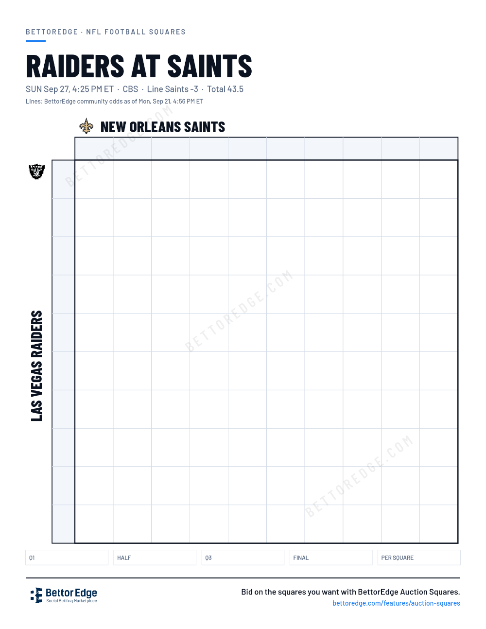 Raiders at Saints squares, free printable 10x10 football squares grid