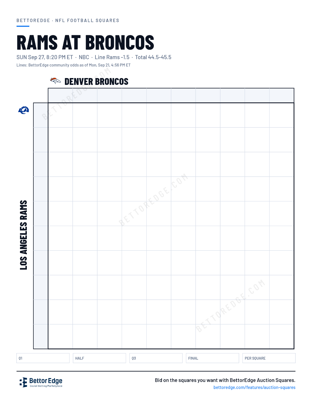 Rams at Broncos squares, free printable 10x10 football squares grid