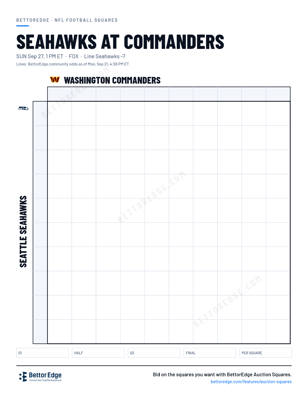 Seahawks at Commanders squares, free printable 10x10 football squares grid
