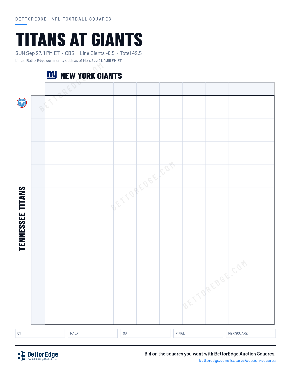 Titans at Giants squares, free printable 10x10 football squares grid