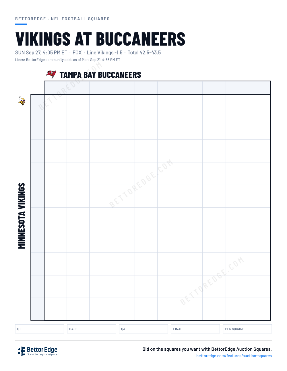Vikings at Buccaneers squares, free printable 10x10 football squares grid