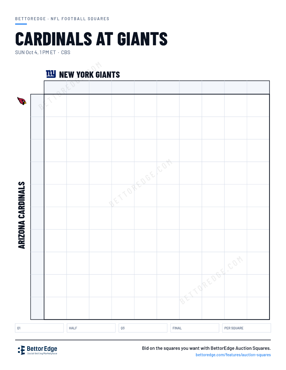 Cardinals at Giants squares, free printable 10x10 football squares grid