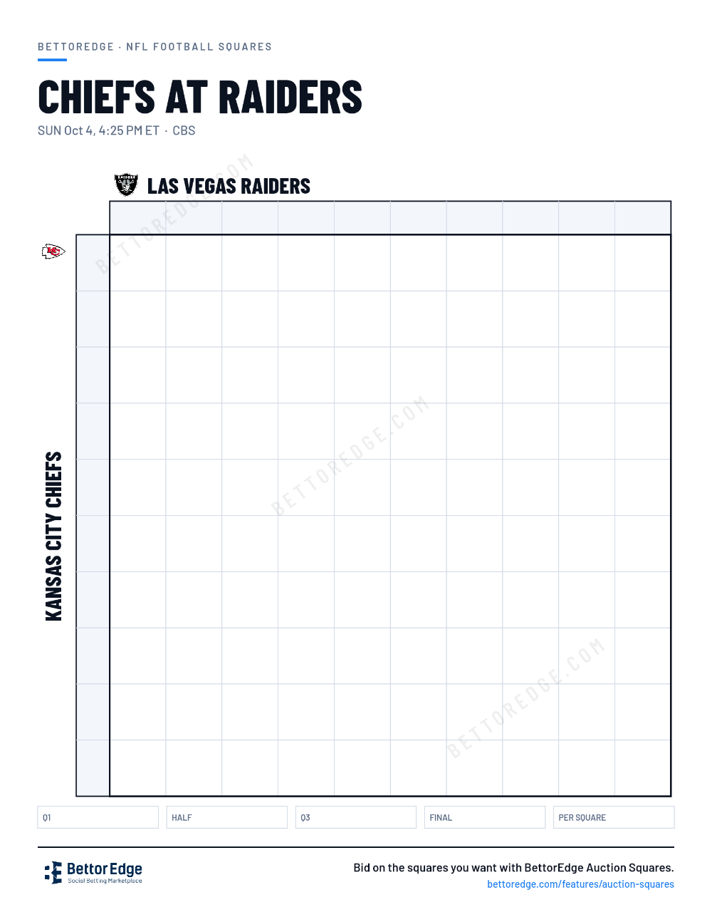 Chiefs at Raiders squares, free printable 10x10 football squares grid