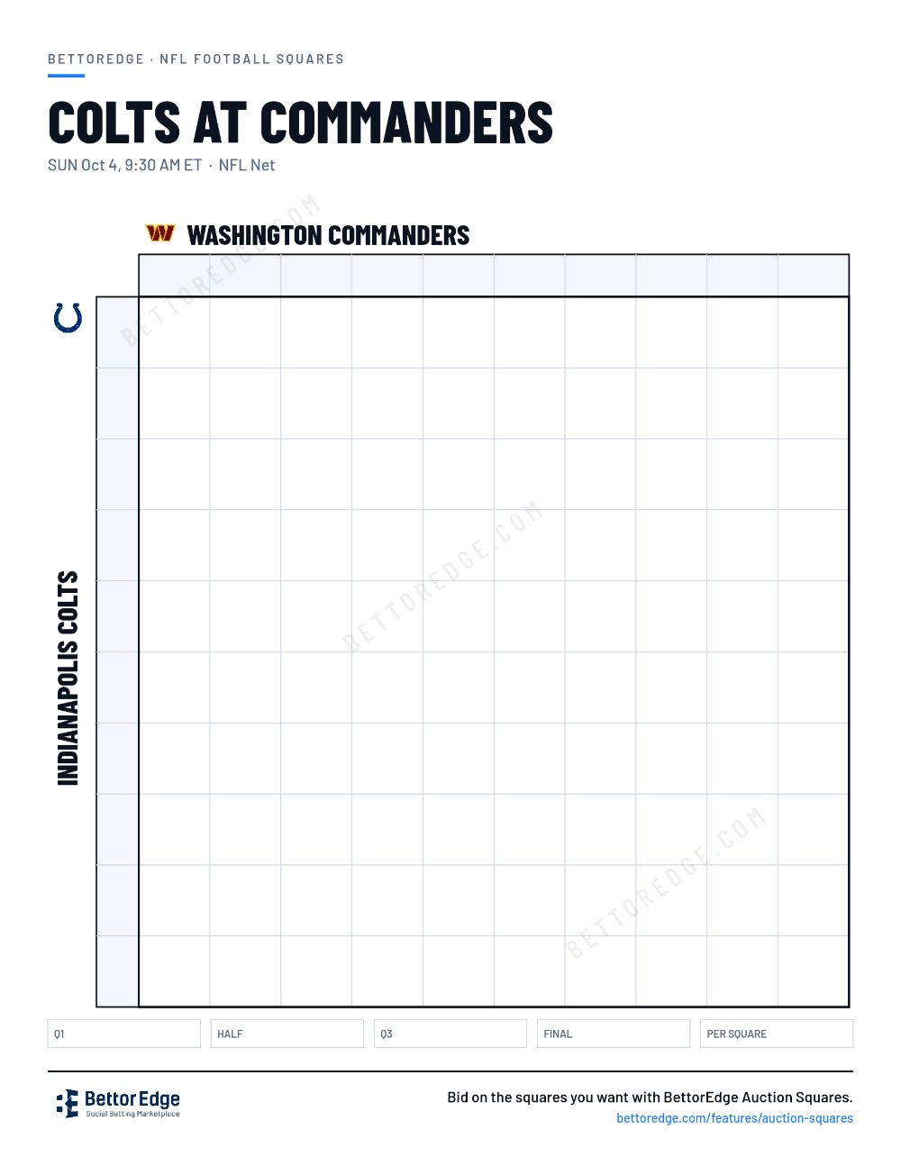 Colts at Commanders squares, free printable 10x10 football squares grid