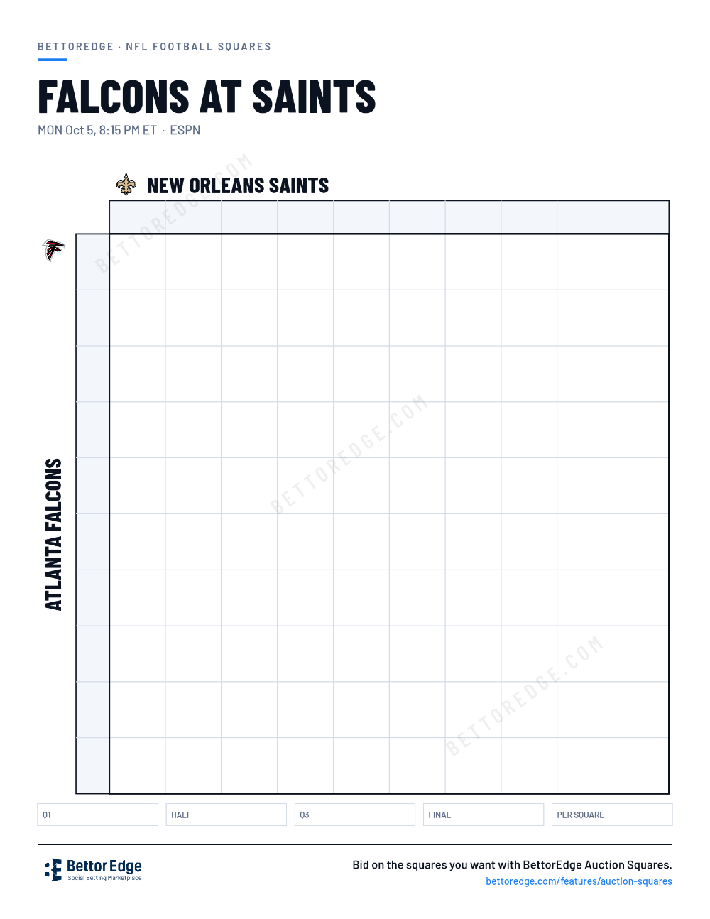 Falcons at Saints squares, free printable 10x10 football squares grid