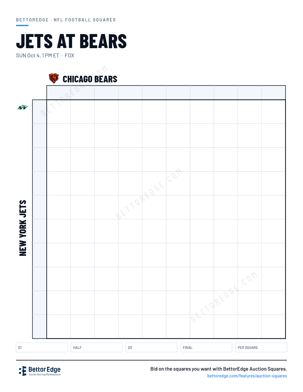 Jets at Bears squares, free printable 10x10 football squares grid