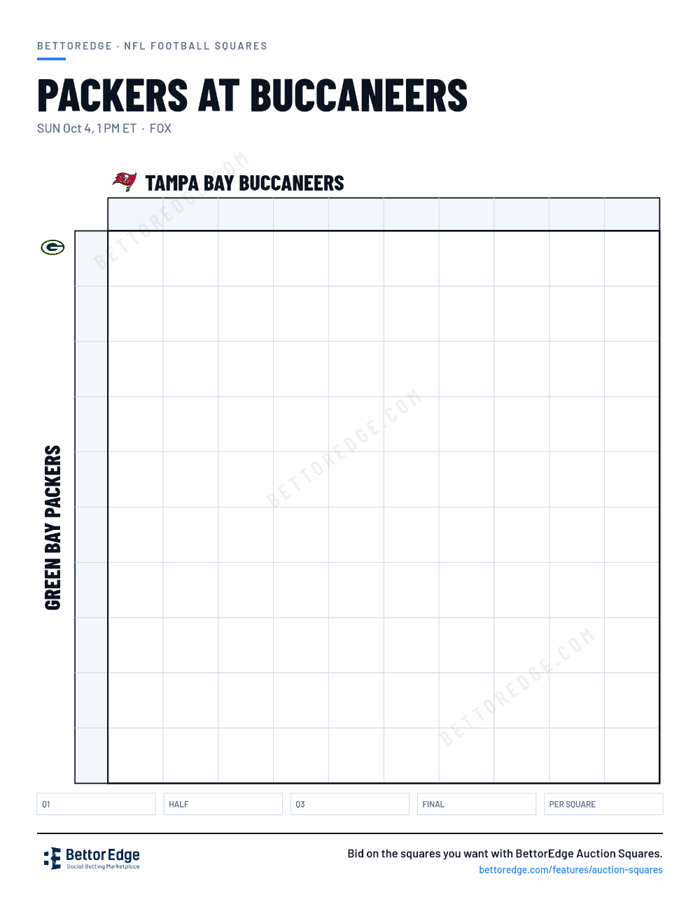 Packers at Buccaneers squares, free printable 10x10 football squares grid