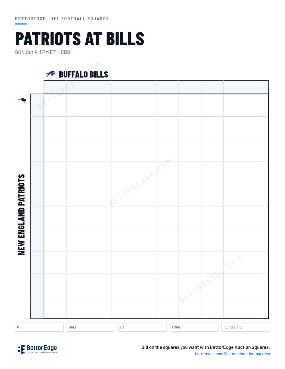 Patriots at Bills squares, free printable 10x10 football squares grid
